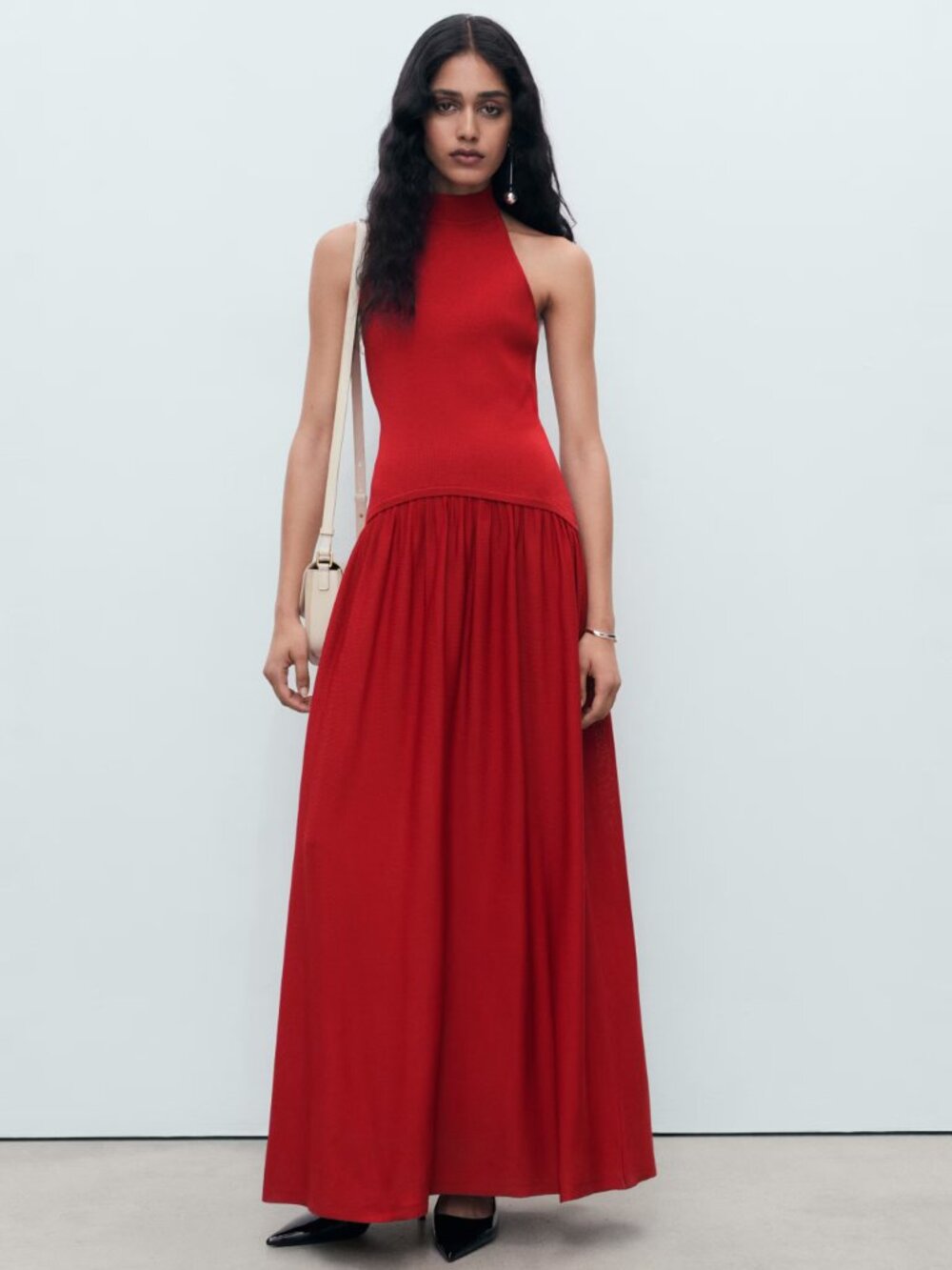 Mango Red Halter Knit Drop Waist Maxi Dress Gown XS